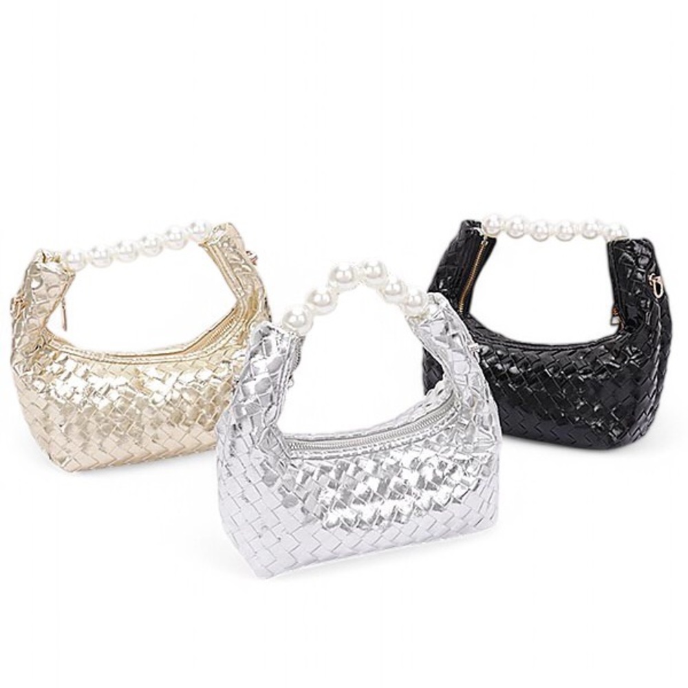 Elegant Metallic Woven Handbag with Pearl Handle - Black, Silver, Gold
